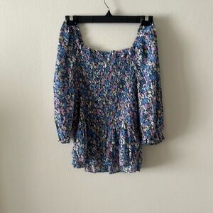 Nanette Lepore Floral Print Smocked Square Neck Blouse Top Blue Purple M